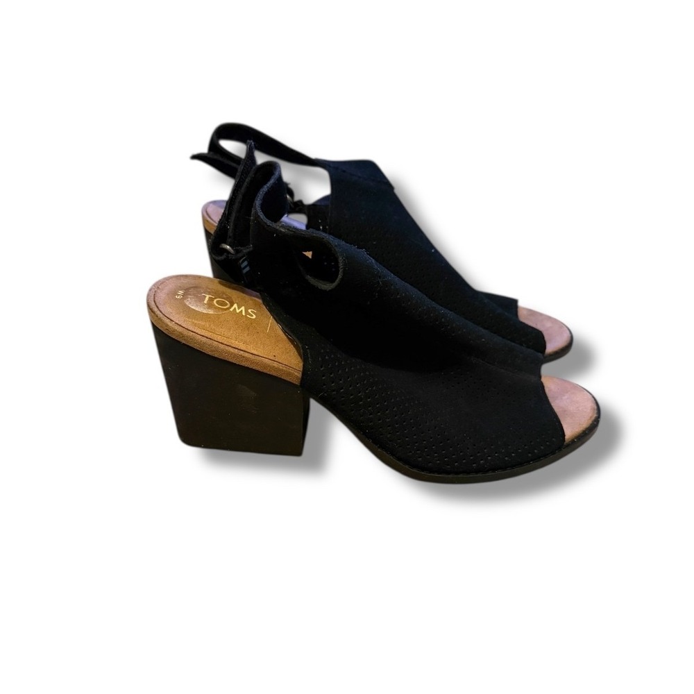 Toms Black‎ Suede Perforated Peep Toe Block Heel Slingback Sandals Shoes